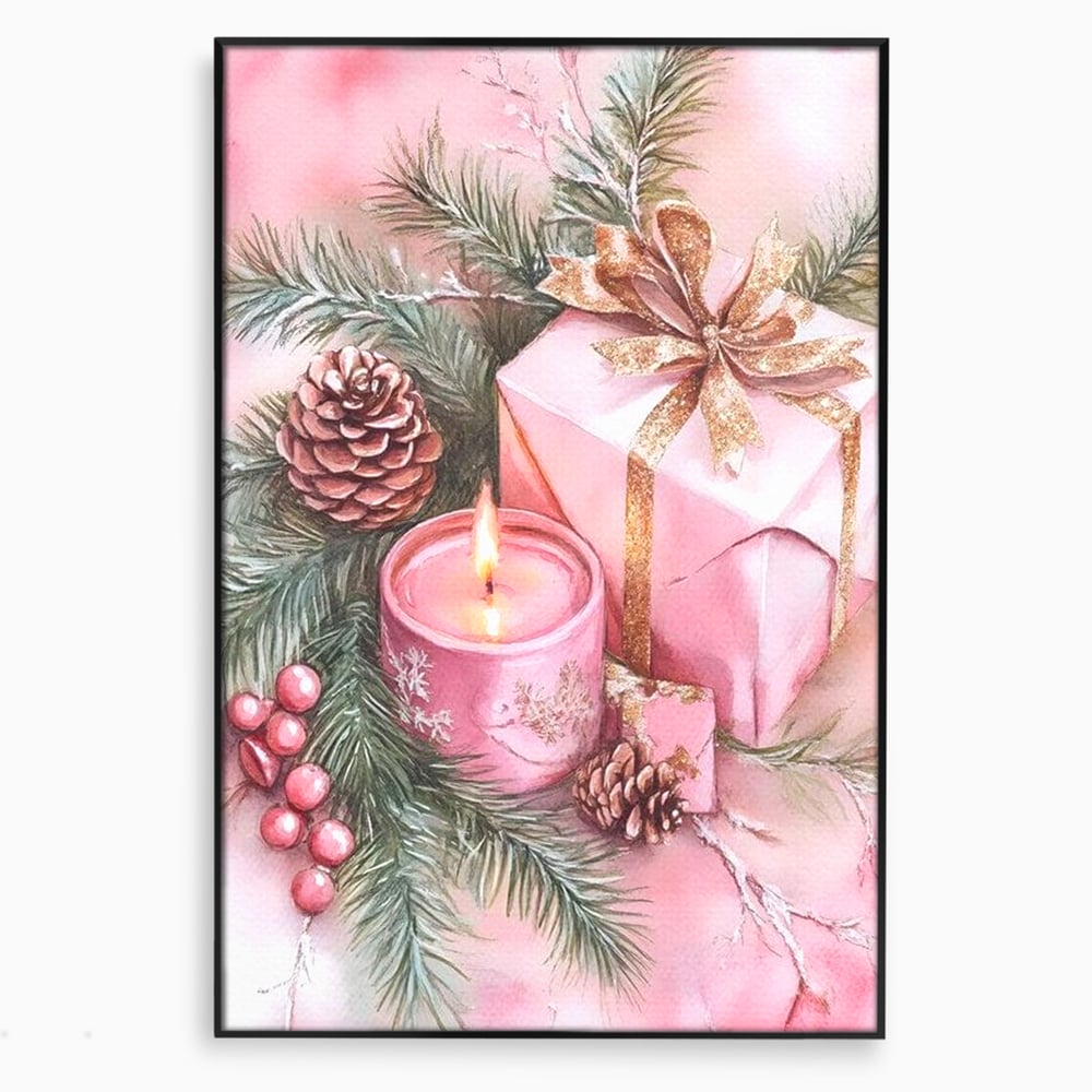 Tablou canvas cu ilustratie cu lumanare si cadou roz, in rama de aluminiu negru